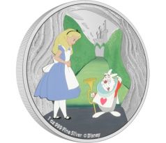 DISNEY ALICE IN WONDERLAND - THE WHITE RABBIT - 1 OZ 2021 NIUE - STRIEBORNÁ KOLOROVANÁ ZBERATEĽSKÁ MINCA VO VITRÍNKE