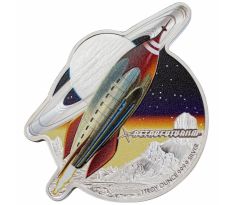 RETROFUTURISM - PAMP - ROCKET SHAPED COIN - 1 OZ 2021 SOLOMON ISLAND - STRIEBORNÁ ZBERATEĽSKÁ KOLOROVANÁ TVAROVANÁ MINCA V ORIGINÁLNOM BOXE