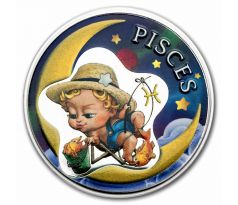 PISCES - BABY ZODIAC SERIES - 1/2 OZ REPUBLIC OF GHANA - 2 CEDIS - STRIEBORNÁ ZBERATEĽSKÁ KOLOROVANÁ MINCA V POHĽADNICI