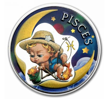 PISCES - BABY ZODIAC SERIES - 1/2 OZ REPUBLIC OF GHANA - 2 CEDIS - STRIEBORNÁ ZBERATEĽSKÁ KOLOROVANÁ MINCA V POHĽADNICI