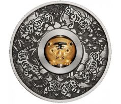 YEAR OF THE TIGER - ROTATING CHARM - 1 OZ 2022 TUVALU - STRIEBORNÁ ZBERATEĽSKÁ ANTIQUE POZLÁTENÁ MINCA + BOX