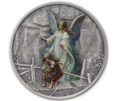 GUARDIAN ANGEL - 1 OZ 2023 COOK ISLANDS - STRIEBORNÁ ZBERATEĽSKÁ KOLOROVANÁ RELIÉFOVANÁ MINCA VO VITRÍNKE