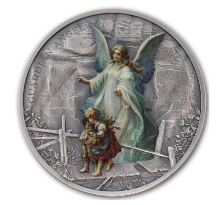 GUARDIAN ANGEL - 1 OZ 2023 COOK ISLANDS - STRIEBORNÁ ZBERATEĽSKÁ KOLOROVANÁ RELIÉFOVANÁ MINCA VO VITRÍNKE