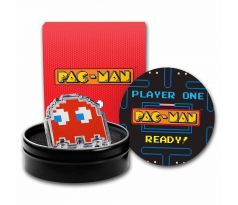 PAC-MAN - 1 OZ 2022 NIUE - STRIEBORNÁ ZBERATEĽSKÁ KOLOROVANÁ PROOF MINCA V TVARE PAC-MAN DUCHA + BOX