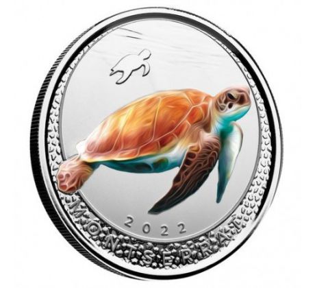 SEA TURTLE - 1 OZ 2022 - MONSERRAT - EASTERN CARRIBEAN - STRIEBORNÁ ZBERATEĽSKÁ KOLOROVANÁ PROOF MINCA + BOX